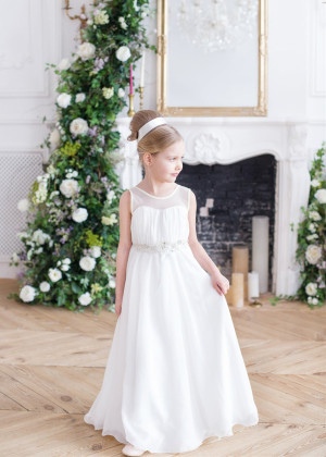 Ivory Chiffon Beaded Belt Long Flower Girl Dress